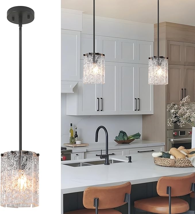 Matte Black Pendant Light, Modern Round Handmade Glass Hanging Light Fixture, Industrial Cylinder Mini Chandelier for Kitchen Island Dining Room Entryway