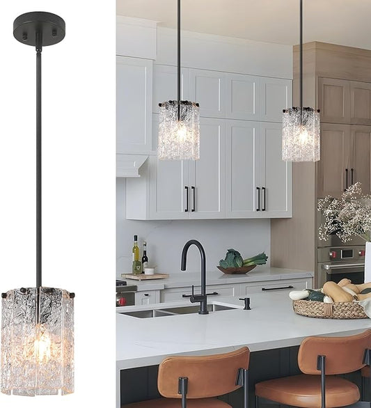 Matte Black Pendant Light, Modern Round Handmade Glass Hanging Light Fixture, Industrial Cylinder Mini Chandelier for Kitchen Island Dining Room Entryway