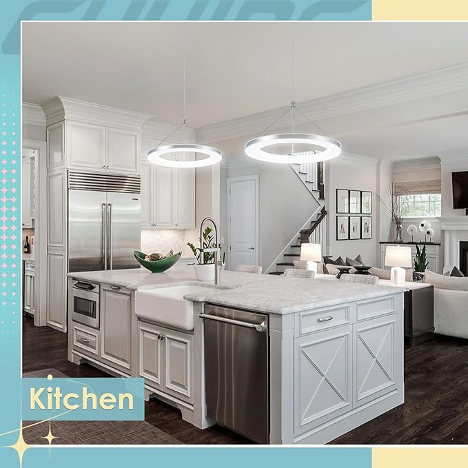 CHYING 3 Pack LED Modern Pendant Lights Kitchen Island, 11.8" 15W Cool White Ring Chandelier, Adjustable Height Silver Hanging Pendant Ceiling Light for Dining Room Bedroom Hallway Entryway, 6500K