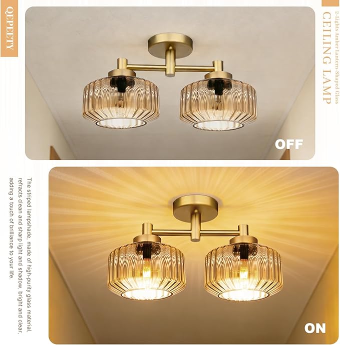Semi-Flush Mount Ceiling Light Fixture, 2-Light Vintage Chandelier with Amber Glass Shades and Gold Frame, Mid-Century Modern Ceiling Lamp for Kitchen Island, Dining Room, Bedroom