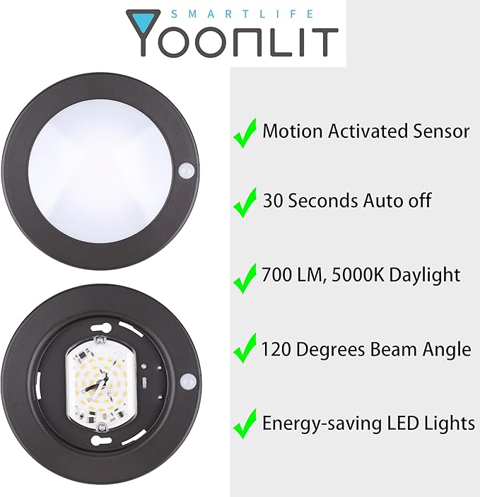 YoonLIT Flush Mount PIR Motion Sensor LED Ceiling Light, 6.2 Inch 10.5W 700 Lumen, Motion Activated Ceiling Fixture for Closet, Garage, Doorway, Stairway, Hallway, Bronze Finish 5000K 2-Pack