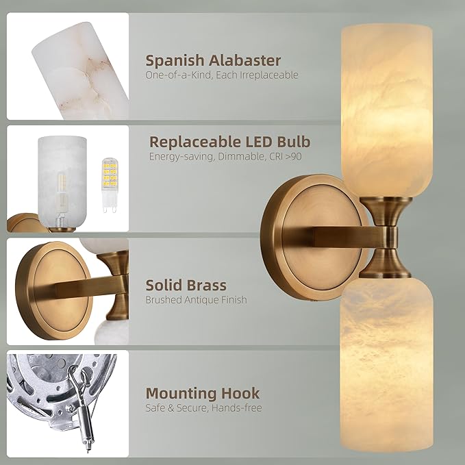 Alabaster Wall Sconce, Solid Brass Sconce with Natural Spanish Alabaster, 14.4 in Vanity Lights for Bathroom, Hardwired Wall Lamp for Bedroom Living Room Staircase Hallway, G9 LED Bulb