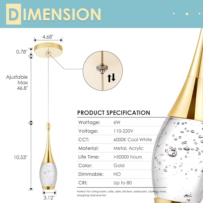 CHYING LED Pendant Light Kitchen Island Bubble Crystal Pendant Lighting Gold Mini Hanging Light Fixture for Dining Room Bathroom Bedroom Bar 6000K