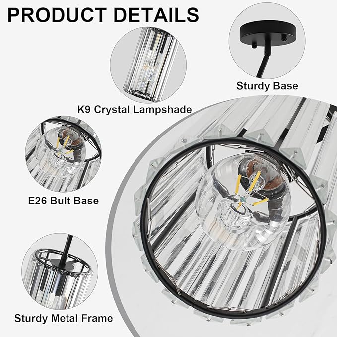 3 Pack Black Modern Crystal Pendant Lights, Hanging Light Fixtures Mini Kitchen Island Pendant Lights Adjustable Crystal Chandelier Fixture for Island Dining Room Hallway Bedroom