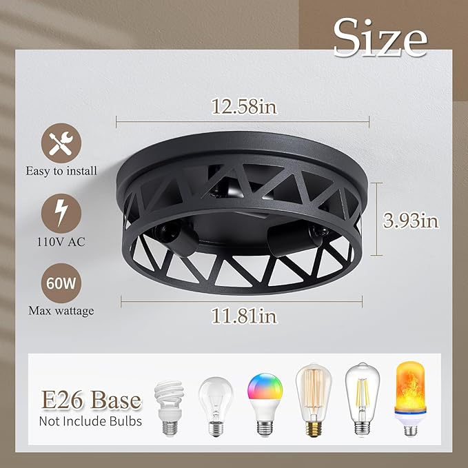 13 inch Black Flush Mount Ceiling Light Fixture,3-Light Light Fixtures Ceiling Mount for Hallway,Hall,Kitchen,Farmhouse (2 Pack)