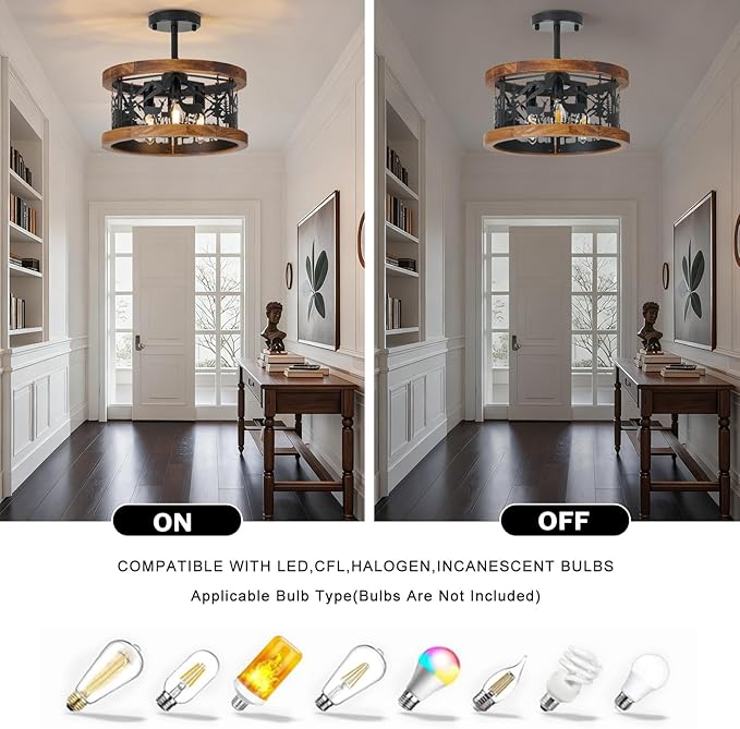 Farmhouse Rustic Ceiling Light Fixtures - Deer Bear Design, 3-Light Round E12 Base Black Metal Brown Wood Fixture Ideal for Kitchen, Living Room,Foyer, Bedroom, Hallway, and Rustic Style