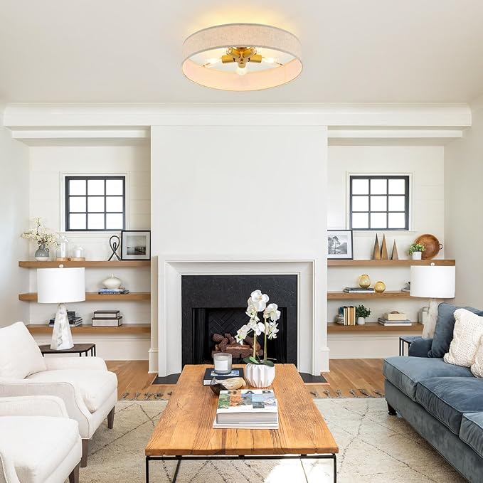 VILUXY Gold Semi-Flush Mount Ceiling Light Fixture 24" Large Modern Ceiling Light with Linen Fabric Drum Shade 5-Light Round Ceiling Lamp for Bedroom Dining Room Entryway