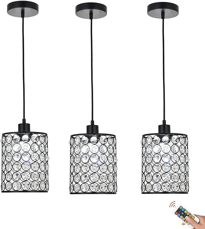 Battery Operated Pendant Lights with Remote 3 Packs, Rechargeable Pendant Light Not Hardwired,Crystal Glass Chandelier Cordless Ceiling Hanging Lamp for Kitchen Island Dining Room Table