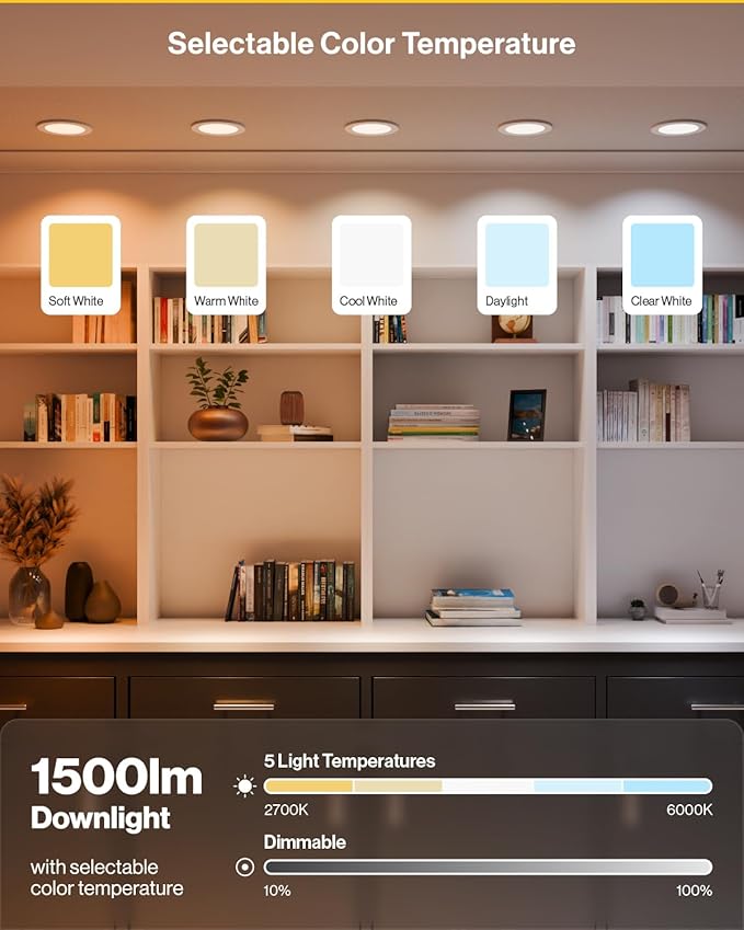 Sunco 6 Pack 6 Inch LED Recessed Light with Night Light, Slim Ceiling Lighting, 1500 Lumens, 15W (110W Equivalent), Selectable CCT 2700K/3000K/4000K/5000K/6000K, Dimmable, Canless with Junction Box.