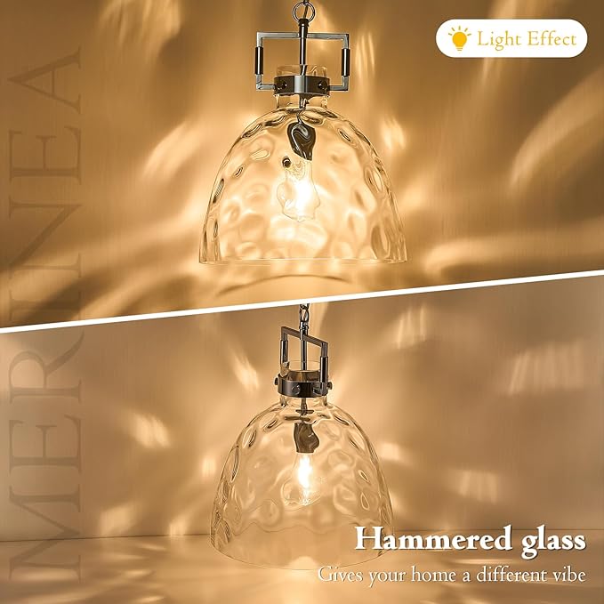 Glass Pendant Light, 13.8 Inch Single Hanging Ceiling Light with Adjustable Chain, E26 Base Oversized Hammered Clear Glass Kitchen Island Pendant Lighting in Polished Chrome for Dining Room, Entryway