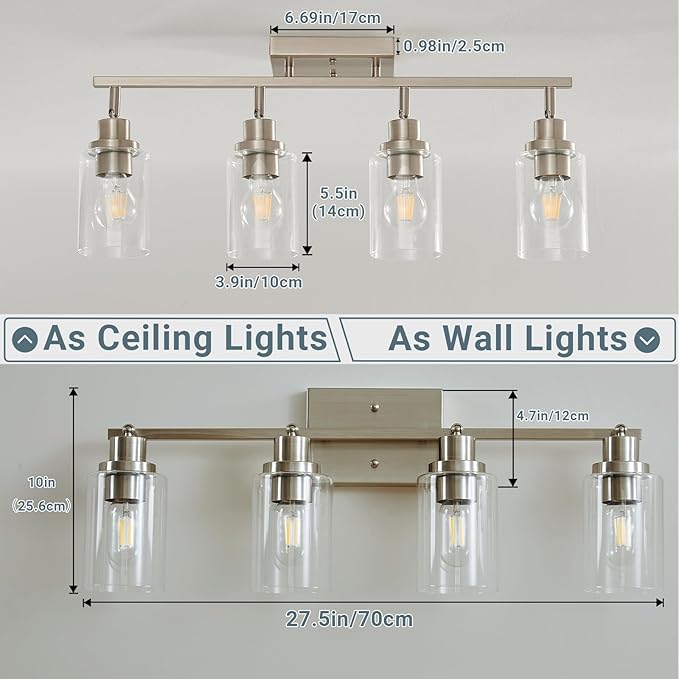 LOUSACE 4-Light Brushed Nickel Track Lighting Kit with Clear Glass, Modern Track Light Fixtures Flush Ceiling Mounted, Tracking Vanity Lighting Rotatable Spotlight for Kitchen Bathroom Accent Shop