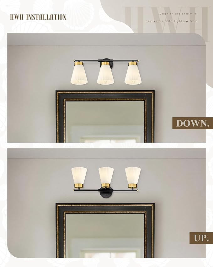 Bathroom Vanity Light, HWH 3-Light Wall Light Fixture for Bathroom Bedroom, Black and Gold Vanity Lights with Frosted Milk White Striped Glass, 5HZG97B-3W BK+BG