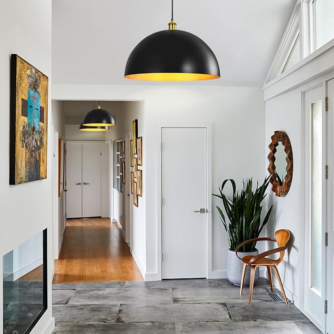 Black-Farmhouse Pendant-Light Hanging-Lamp Fixtures - 16 inch Kitchen Island Pendant Lights Industrial Dome Ceiling Lighting Dining Room Large Vintage Light for Indoor Black and Gold