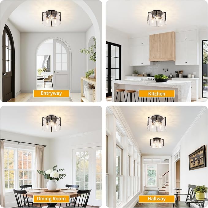 Modern 3-Light Semi Flush Mount Ceiling Light, Black Metal with Water Ripple Glass Shade, Farmhouse Close to Ceiling Light Fixture for Hallway, Bedroom, Kitchen, Living Room, Entryway