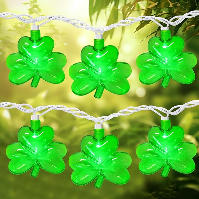 PASUTO 8.5FT Clear Green Shamrock Lights, St Patricks String Lights Outdoor Waterproof with 10 LED Light for rish Shamrock St Patrick's Day Party Indoor Home Garden Decorations