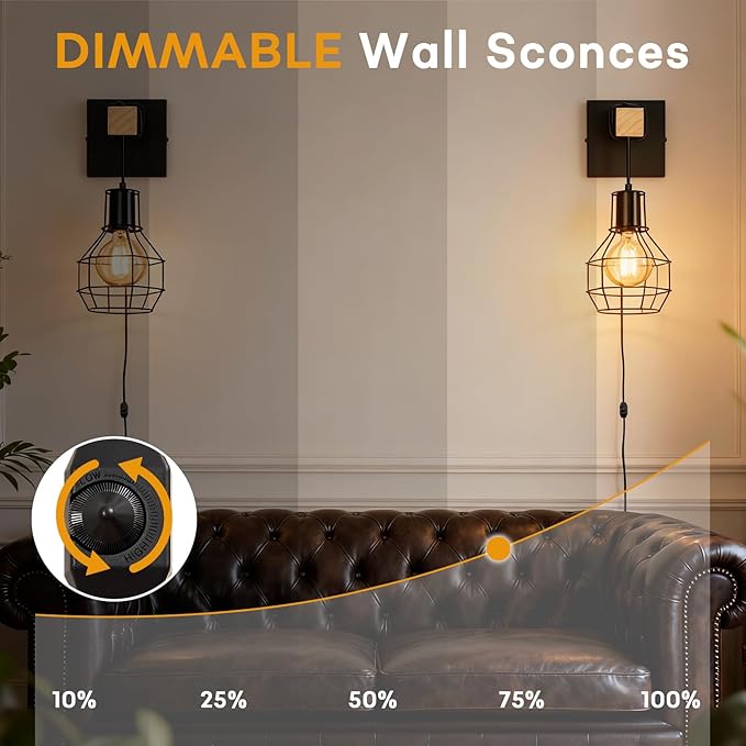 Lightess Plug in Wall Sconces Set of 2, Industrial Wall Mount Light Fixture with ON/Off Dimmable Switch Cord, Black Rustic Wall Lighting for Bedroom Living Room, Bulb Not Included