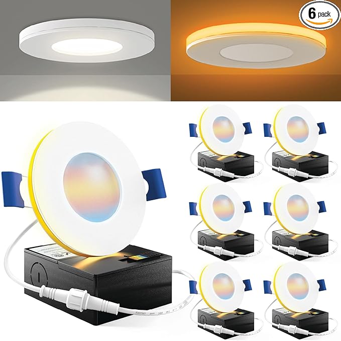 Sunco 6 Pack 3 Inch LED Slim Down Light with Night Light or Indoor Ceiling Fixture Home Living Room Bedroom, 500 Lumens, 6W (40W Equivalent), Selectable CCT 2700K/3000K/4000K/5000K/6000K, Dimmable