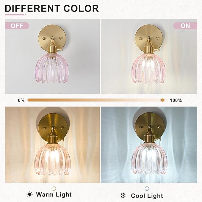 Wall Sconces Set of Two Hardwired, Vintage Sconce Light with Tulip Pink Glass Lampshade, Bathroom Wall Lights with Switch, Gold Wall Light Sconces Wall Decor Set of 2