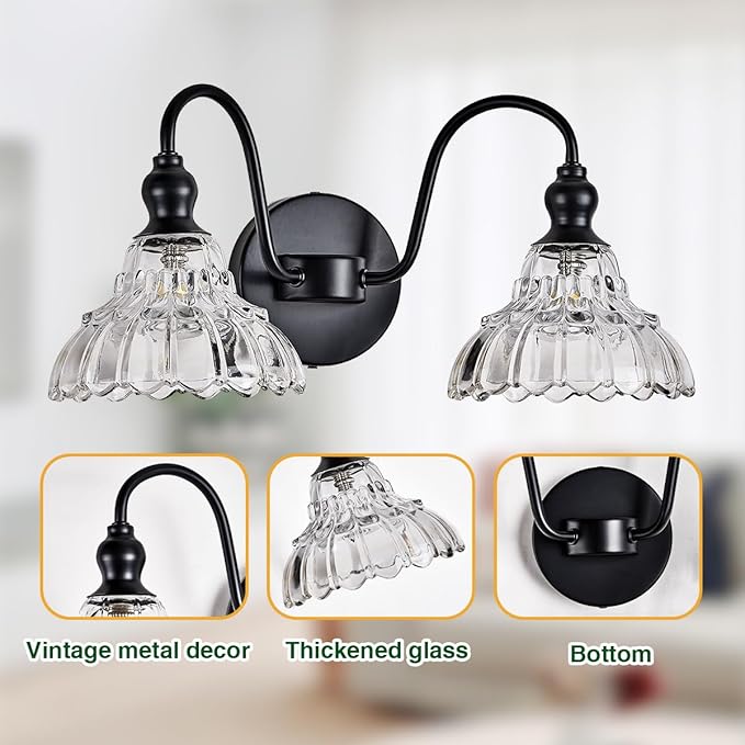 2-Light Modern Wall Sconce Black Wall Light Fixtures Made of Metal Body and Pressed Patterned Glass with Unique Design Vanity Light for Bedroom, Bathroom, Doorway, Farmhouse
