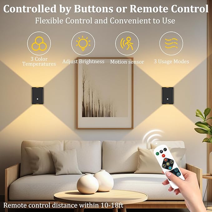 4 Pack Rechargeable Motion Sensor Wall Light: Wireless Battery Powered Wall Sconce with Remote, 3CCT Magnetic Motion Sensor Stair Light LED Indoor Up Down Wall Lamp for Bedroom Hallway Closet, Black
