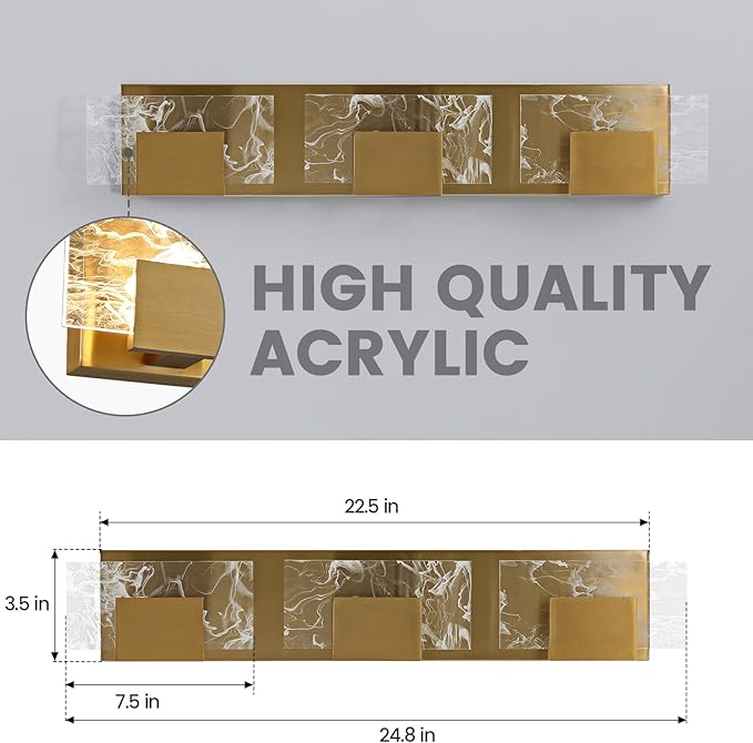 LED Bathroom Vanity Light: 24 inch Brushed Gold Acrylic Modern Lighting Fixtures - 3 Lights Contemporary Smoke Design Wall Lights Fixture Over Mirror 3000K