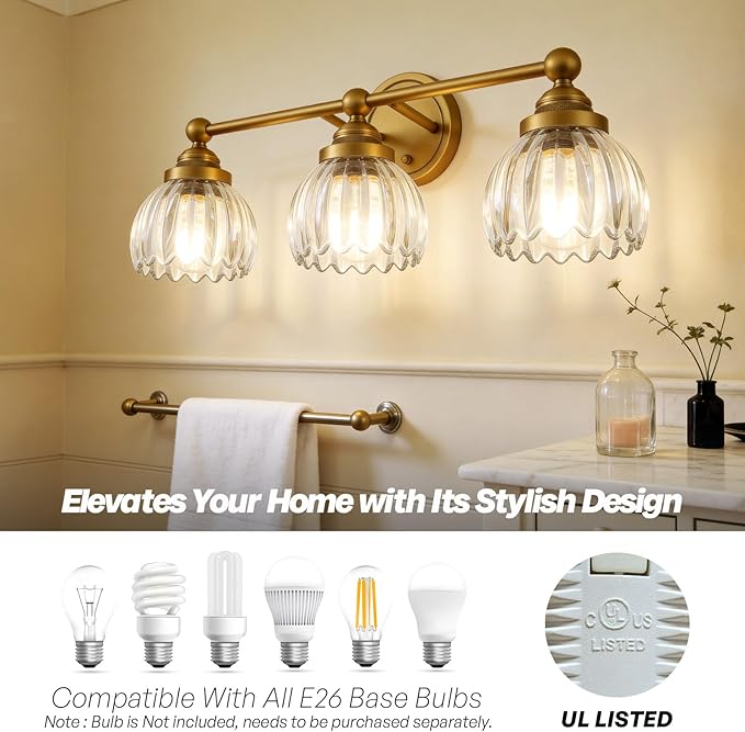 Vintage Triple Arm Tulip Glass Wall Sconce Lighting, 3-Lights Bathroom Vanity Light Fixture for Hallway Bedroom Living Room Bedside Nightstands Lights