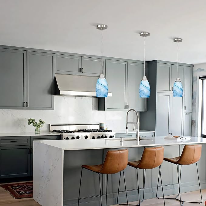 Viinew Mini Glass Pendant Light 1-Pack with Handblown Blue Marble Art Oval Glass Lamp Ceiling Hanging Light 4.72" Small Chandelier for Dining Room Kitchen Foyer Hallway
