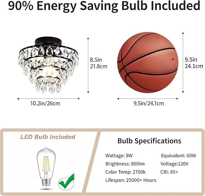 Mayful Modern Crystal Ceiling Light Fixture Black Semi Flush Mount Ceiling Chandelier Mini Ceiling Light for Hallway Bedroom Bathroom Living Room E26