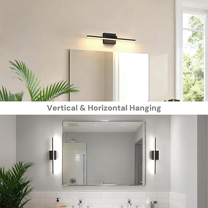 L LOHAS LED 23.7-Inch Bathroom Vanity Light Bar Over Mirror, 180° Rotatable Black Modern Bathroom Light Fixtures, 3CCT Adjustable LED Vanity Lights for Living Room Wall