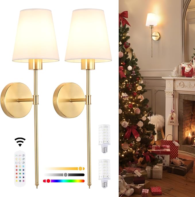 Shenmoyl Fabric Wall Sconce Battery Operated Set of 2, Rechargeable Wall Lights with 5000mAh RGB Dimmable Bulb, 12 Colors Wall Sconces for Bedroom Living Room, Gold