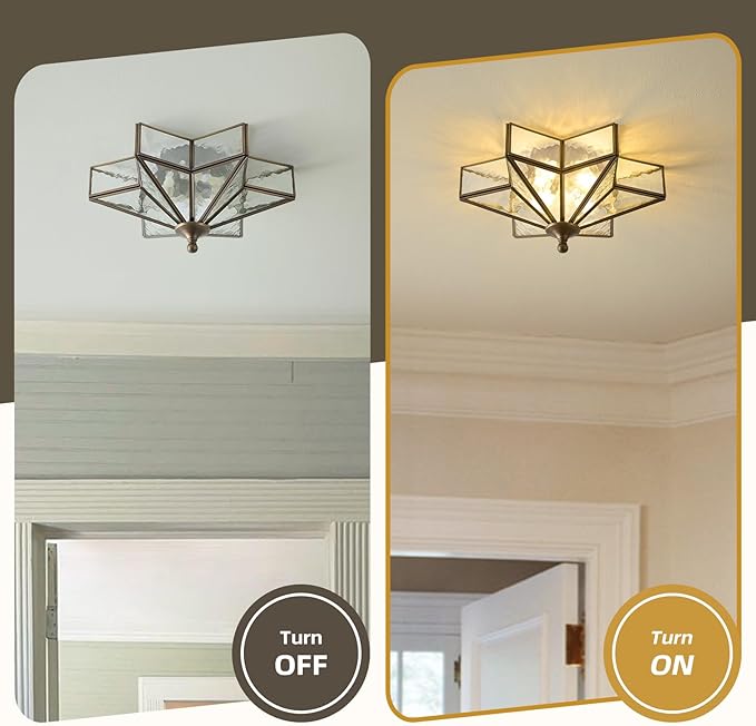 Star Vintage Bronze Ceiling Light - 12.2 in Small Hammered Glass Antique Flush Mount Fixture - Mid Century Black Art Deco Lighting for Kitchen Hallway Bedroom Bathroom Laundry Entryway Farmhouse Hall