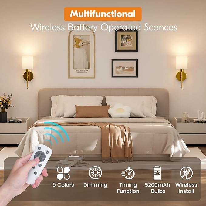 NIORSUN 15 inch Battery Operated Wall Sconce Set of 2, Gold Wireless Rechargeable Wall Lights with 5200mAh Dimmable Detachable Bulbs and Remote, 9 Colors Sconces Wall Decor for Bedroom Living Room