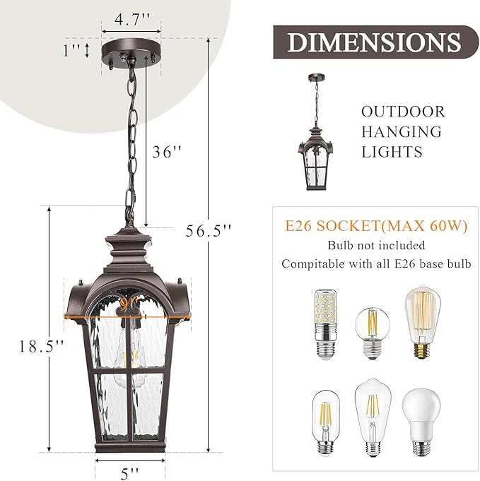 18.5 Inch Large Outdoor Pendant Lights Waterproof Aluminum Hanging Lantern Light with Water Ripple Glass Oil Rubbed Bronze Outdoor Chandelier for Porch Yard Gazebo