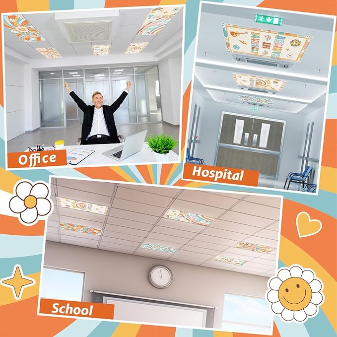 Wiooffen 6 Pcs Fluorescent Light Covers with 60 Magnets Decorative for Classroom Ceiling Lights 4 x 2 Feet Magnetic Light Cover Filter Easy Install for Office Hospital Home Ceiling Supplies (Hippie)