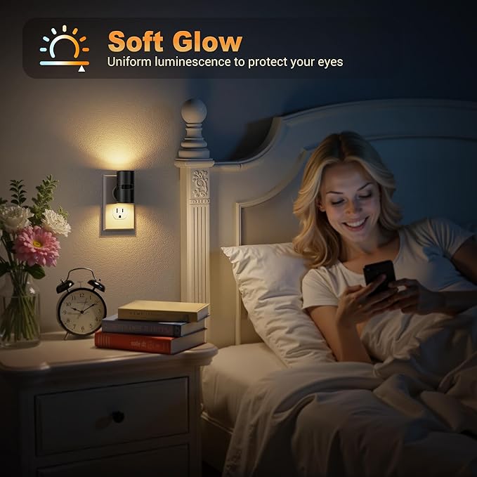 JandCase Motion Night Light, Rotating Night Lights Plug into Wall, 3 Colors 3000K-5000K-Amber, Dusk to Dawn & Motion Sensor, 3 Level Brightness Nightlight for Bathroom Bedroom Hallway [2 Pack]