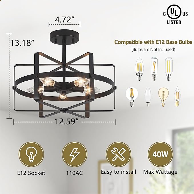 5-Light Modern Semi Flush Mount Ceiling Light, 12.6'' Black Farmhouse Flush Mount Ceiling Light Industrial Ceiling Light Fixture for Entryway Hallway Foyer Dining Room Kitchen Bedroom