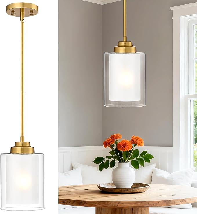 TENGXIN Modern Pendant Light, 6-in Brushed Gold Modern Pendant Light for Kitchen Island, Hanging Ceiling Light Fixture, Farmhouse Pendant Lighting for Dining Room Bedroom Bar Office,TXPLBG02-L