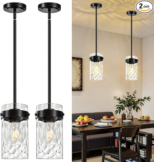 4.72" Hammered Glass Pendant Lighting for Kitchen Island 2 Pack, Modern Black Pendant Light Fixtures, Adjustable Ceiling Pendant Light for Kitchen Island Dining Room Bedroom Hallway