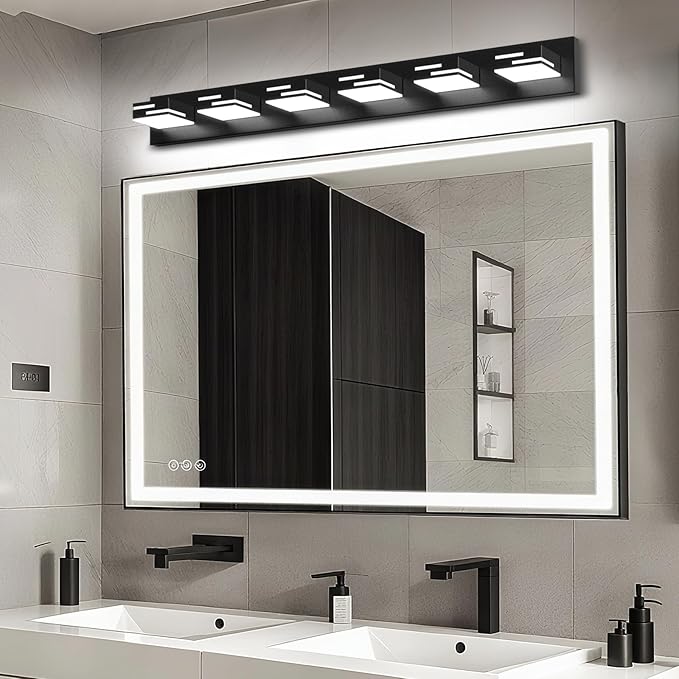LED Modern Bathroom Vanity Light Fixtures, 6-Light 40-inch Dimmable Matte Black Vanity Lights for Bathroom Lighting Fixtures Over Mirror, with 360° Rotatable Acrylic Heads (Cool White 6000K)