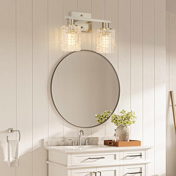 2 Light Brushed Nickel Bathroom Vanity Light Over Mirror, Modern Vanity Lighting with Crystal Glass Shade, Wall Mount Bathroom Light Fixtures, E26 Base
