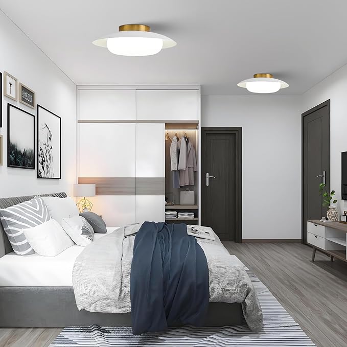 15.75 inch Modern LED Semi Flush Mount Ceiling Light - Round Matte White and Gold 36W 5000K Daylight Not Dimmable Bright Fixture for Kitchen Master Bedroom Living Room Entryway Lighting