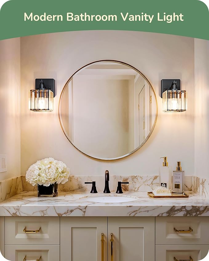 EDISHINE Hardwired Bathroom Light Fixtures, Modern Wall Sconces Set of Two, Crystal Bathroom Vanity Llight, Indoor Lighting Fixtures Over Mirror, Black Wall Lamp for Bedroom