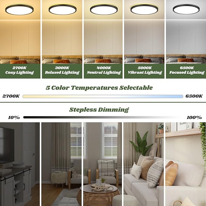 Brightever 12 Inch LED Flush Mount Ceiling Light Fixture with Night Light, 24W 2400LM Modern Ceiling Light, 2700K/3000K/4000K/5000K/6500K Selectable & Dimmable Ceiling Lamp for Bedroom, Black, 1 Pack