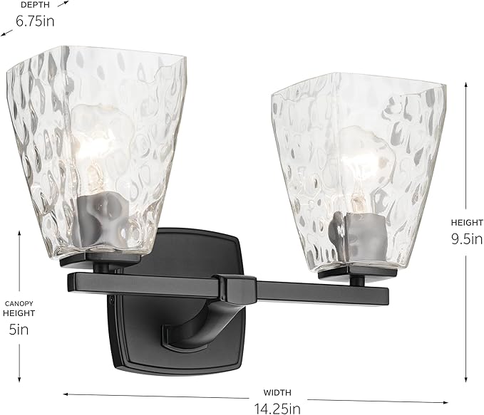 Kichler Marant 2-Light Bathroom Vanity Light Fixture with Clear Water Glass in Black, Modern Wall Mount Light for Powder Room Over Mirror (14.25 x 9.5 in), 55215BKWTR