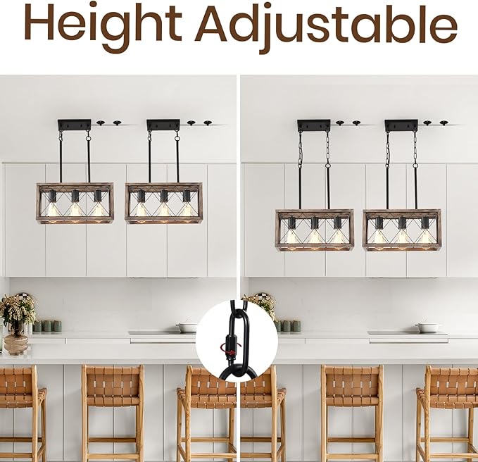 Plug in Pendant Light，3-Light Dining Room Light Fixture Over Table,Plug in Chandelier for Kitchen Sink，Farmhouse Metal Kitchen Pendant Lighting Over Island, Wood Grain Finish.