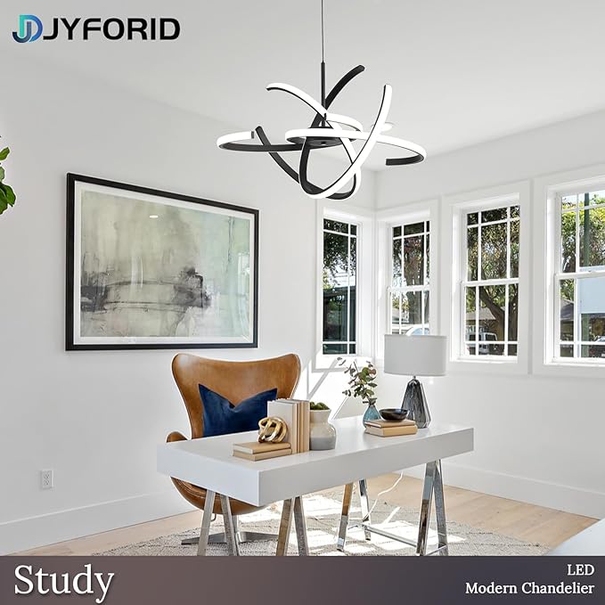 Black Modern Sputnik Chandelier with Remote Control, 44W 3-Color Temperature Dimmable LED Chandelier for Dining Room, Hanging Adjustable Pendant Light for Living Room Kitchen Foyer Entryway