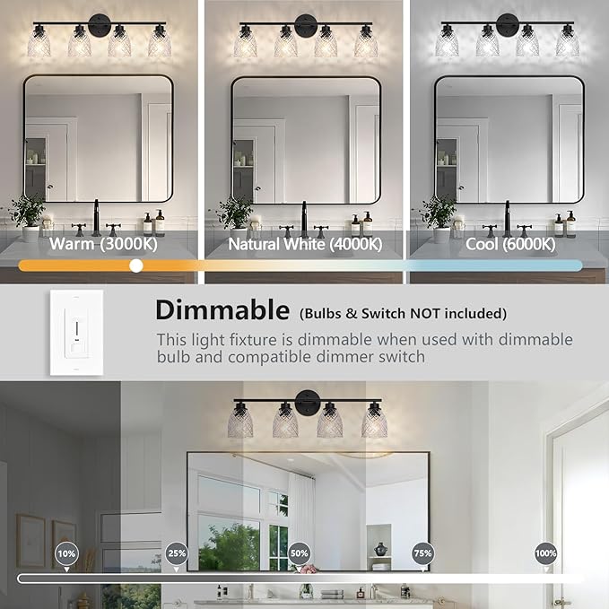 4-Light Bathroom Light Fixtures, Modern Black Vanity Light Over Mirror, Wall Sconce with Clear Hammered Glass Shades, E26 Base (Bulbs Not Included)