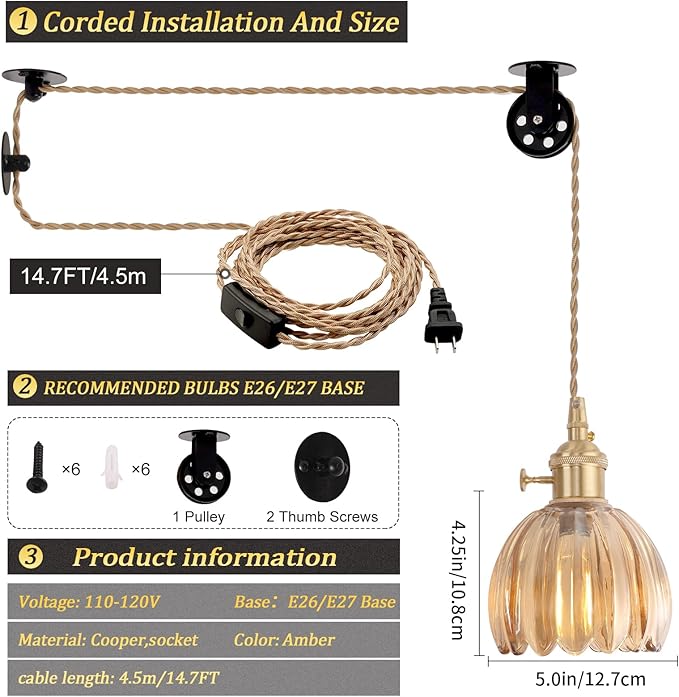 Shenmoyl Plug in Pendant Light Hanging Light Fixture Corded On/Off Switch Brass Pendant Light with Amber Tulip Glass Lampshade for Bedroom Living Room Kitchen Island