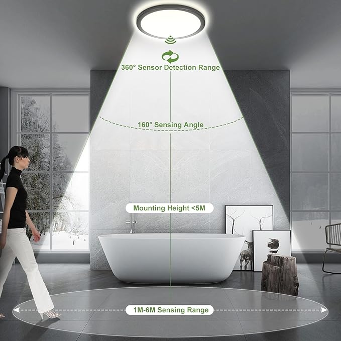 LEZOE 24W Motion Sensor LED Ceiling Light dimmable with Remote, 12Inch 2400lm 3000K/4000K/6500K Flush Mount Ceiling Lighting Fixture, Radar Ceiling Lamp for Hallway Laundry Porch Stair Closet Black