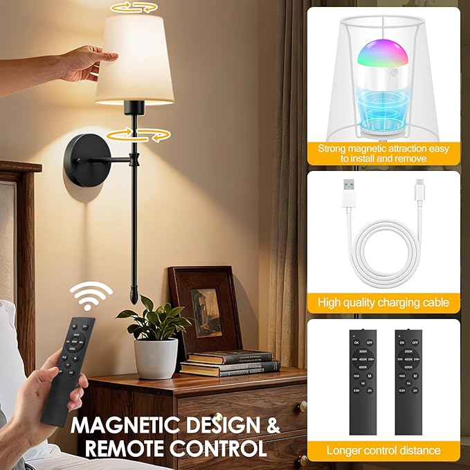 OCATO Battery Operated Wall Sconce: 10000mAh Wireless Wall Sconces Set of Two Rechargeable Lamp Dimmable Magnetic Lights with 7 RGB Colors and Remote Walls Decor for Bedroom Living Room Hallway